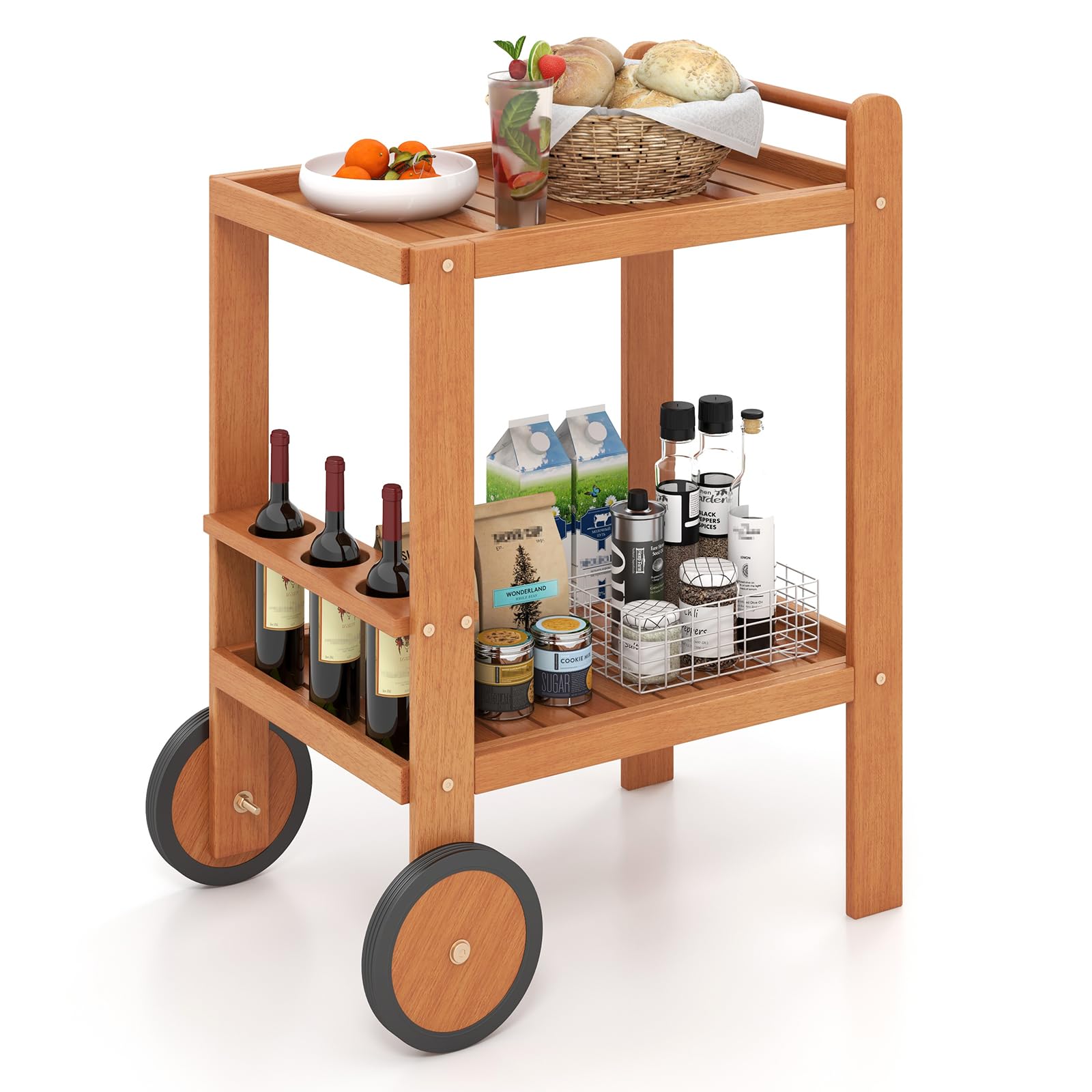 Chariot de bar en bois Tangkula, chariot de service roulant à 2 niveaux pour l'extérieur et l'intérieur